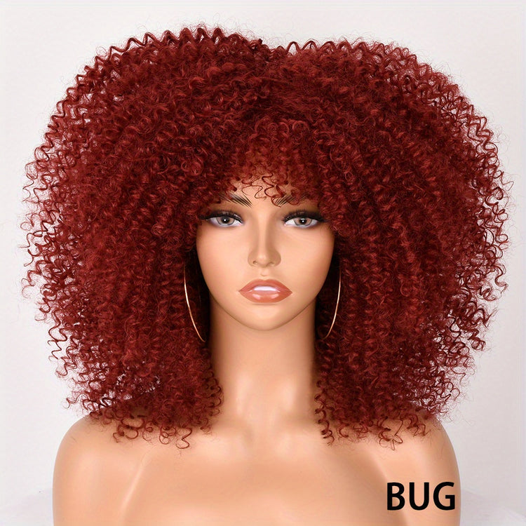 Soft Fluffy Afro Kinky Curly 16 Inch Hair Wigs With Bangs - Synthetic Fiber None Lace Wigs For Party Cosplay Daily Use - Lena & Miles Exquisite Boutique LLC.