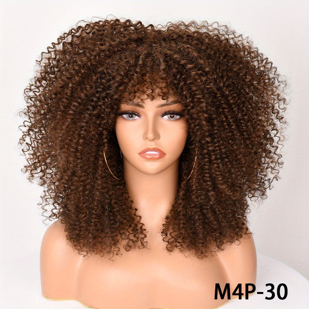 Soft Fluffy Afro Kinky Curly 16 Inch Hair Wigs With Bangs - Synthetic Fiber None Lace Wigs For Party Cosplay Daily Use - Lena & Miles Exquisite Boutique LLC.