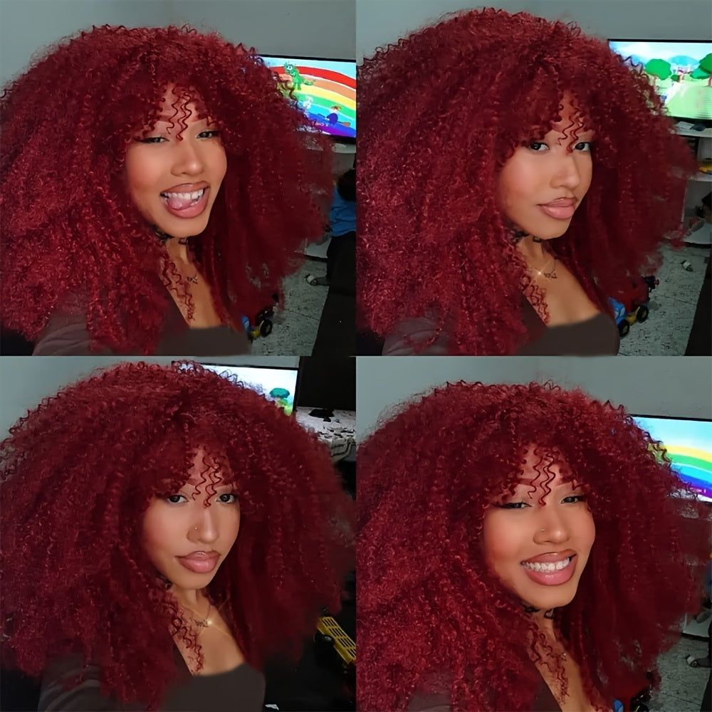 Soft Fluffy Afro Kinky Curly 16 Inch Hair Wigs With Bangs - Synthetic Fiber None Lace Wigs For Party Cosplay Daily Use - Lena & Miles Exquisite Boutique LLC.