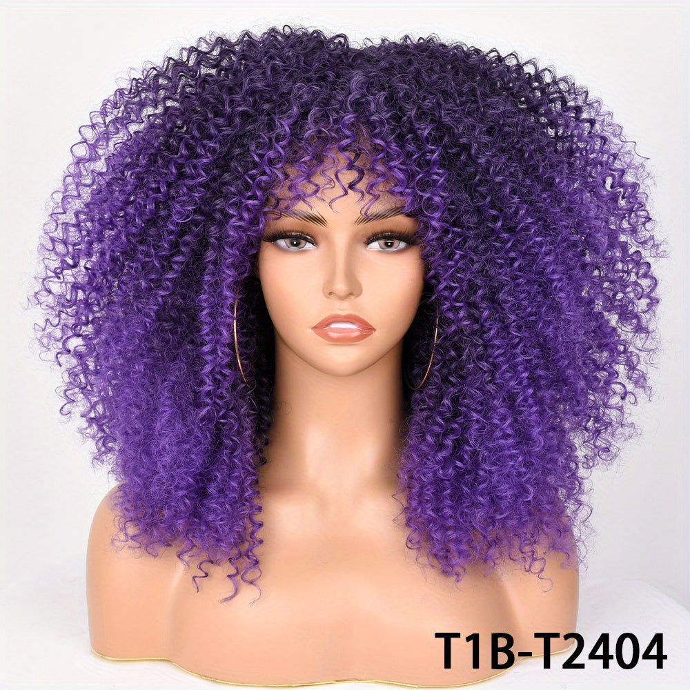 Soft Fluffy Afro Kinky Curly 16 Inch Hair Wigs With Bangs - Synthetic Fiber None Lace Wigs For Party Cosplay Daily Use - Lena & Miles Exquisite Boutique LLC.