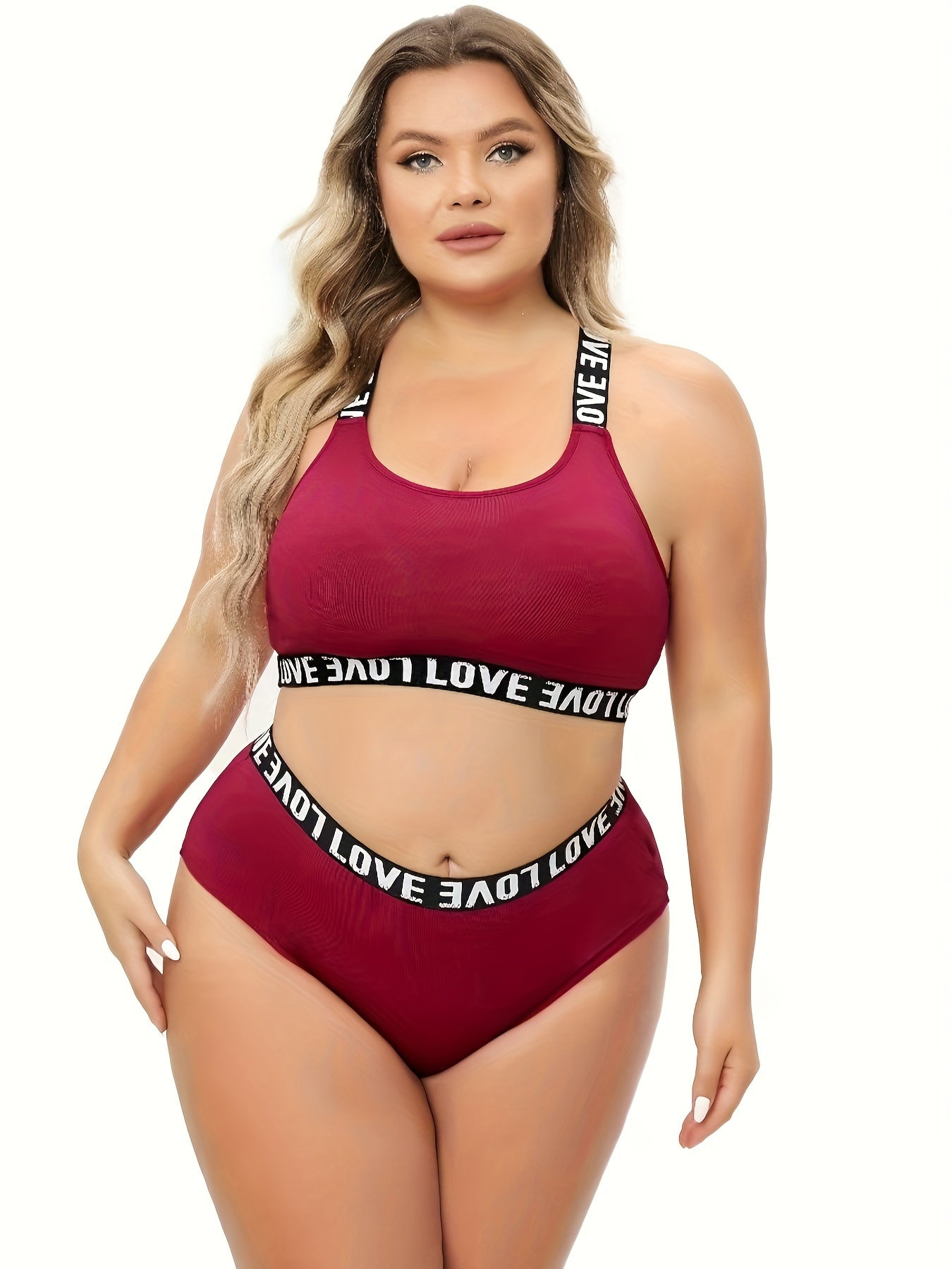 Plus Size Two-Piece Lingerie Set - Flattering Letter Tape Halter Neck, Medium Stretch Bra & Panty - Designed for Curvy Women, Comfortable & Stylish - Lena & Miles Exquisite Boutique LLC.