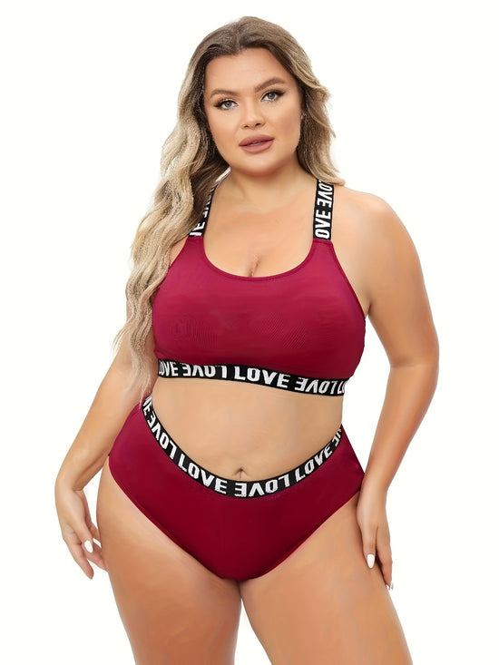 Plus Size Two-Piece Lingerie Set - Flattering Letter Tape Halter Neck, Medium Stretch Bra & Panty - Designed for Curvy Women, Comfortable & Stylish - Lena & Miles Exquisite Boutique LLC.