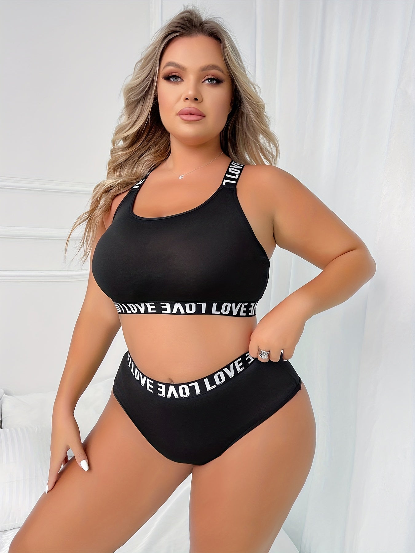 Plus Size Two-Piece Lingerie Set - Flattering Letter Tape Halter Neck, Medium Stretch Bra & Panty - Designed for Curvy Women, Comfortable & Stylish - Lena & Miles Exquisite Boutique LLC.