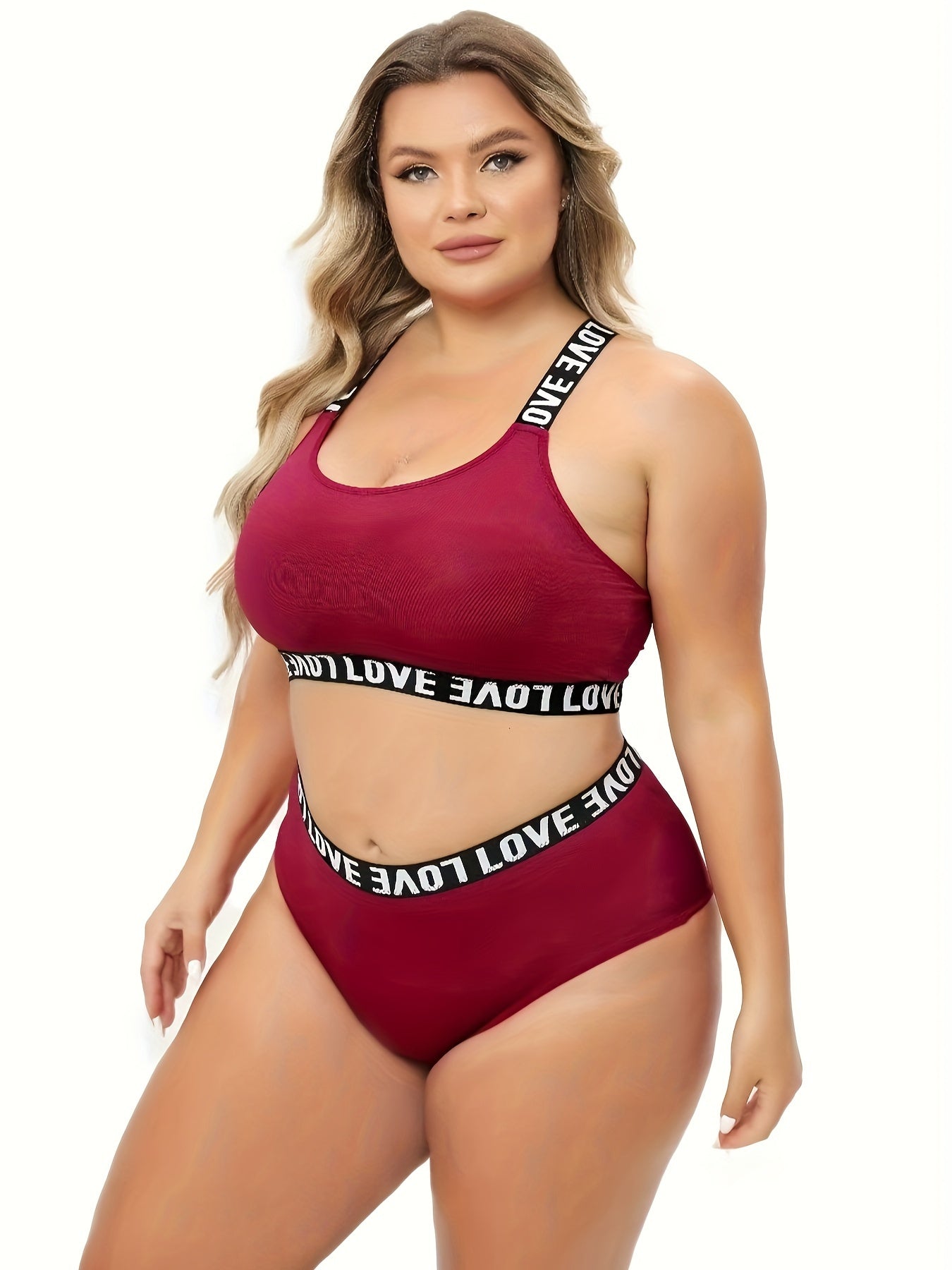 Plus Size Two-Piece Lingerie Set - Flattering Letter Tape Halter Neck, Medium Stretch Bra & Panty - Designed for Curvy Women, Comfortable & Stylish - Lena & Miles Exquisite Boutique LLC.
