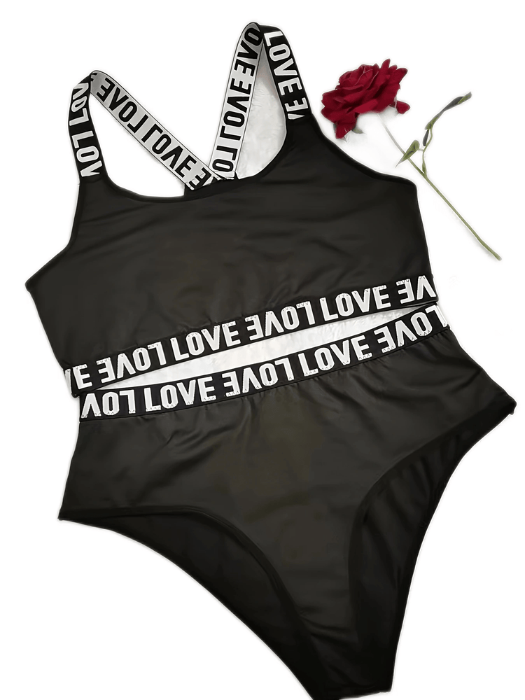 Plus Size Two-Piece Lingerie Set - Flattering Letter Tape Halter Neck, Medium Stretch Bra & Panty - Designed for Curvy Women, Comfortable & Stylish - Lena & Miles Exquisite Boutique LLC.