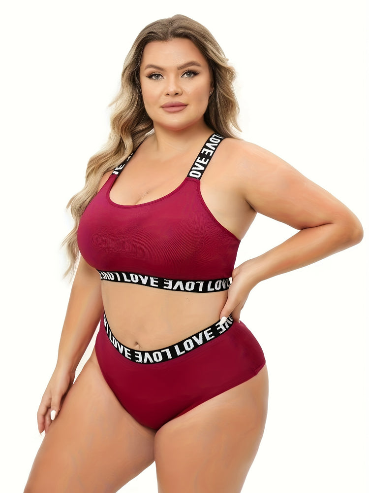Plus Size Two-Piece Lingerie Set - Flattering Letter Tape Halter Neck, Medium Stretch Bra & Panty - Designed for Curvy Women, Comfortable & Stylish - Lena & Miles Exquisite Boutique LLC.