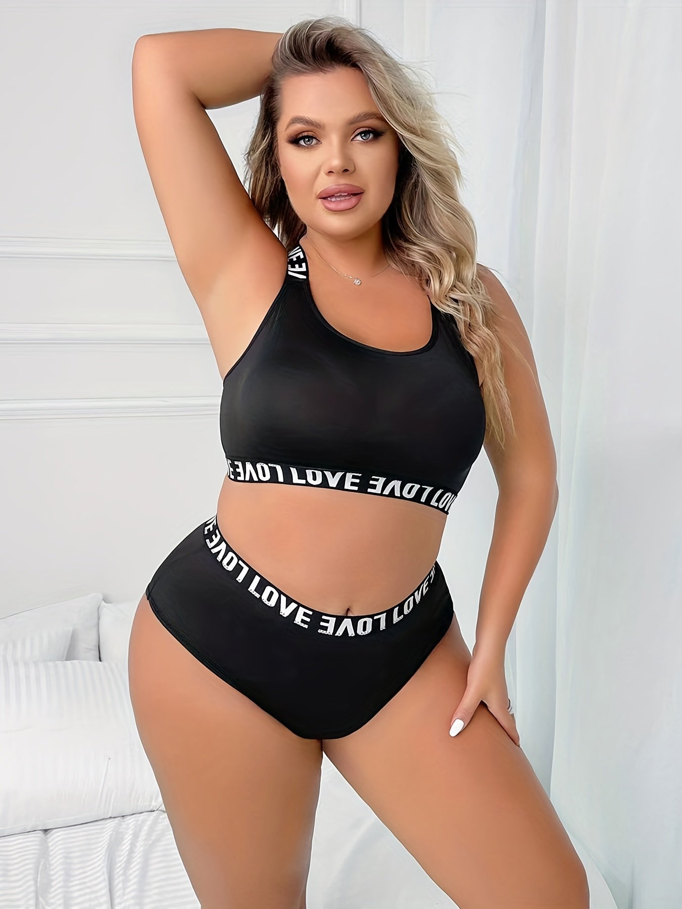 Plus Size Two-Piece Lingerie Set - Flattering Letter Tape Halter Neck, Medium Stretch Bra & Panty - Designed for Curvy Women, Comfortable & Stylish - Lena & Miles Exquisite Boutique LLC.