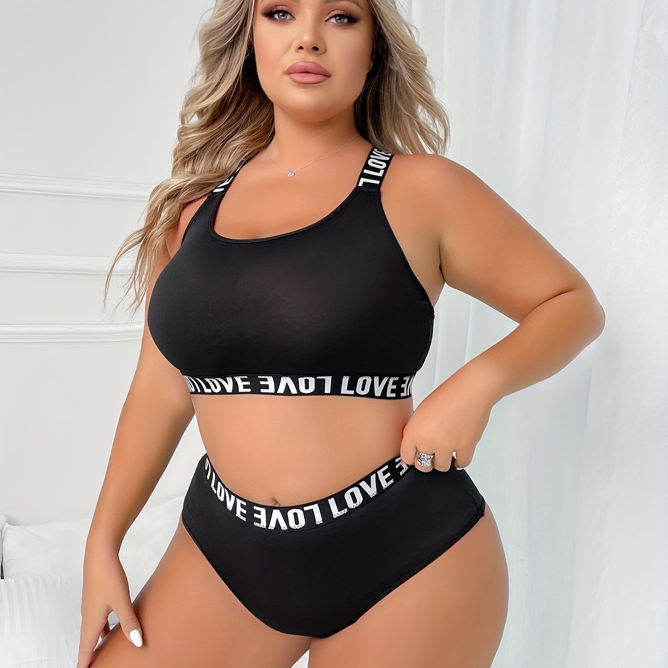 Plus Size Two-Piece Lingerie Set - Flattering Letter Tape Halter Neck, Medium Stretch Bra & Panty - Designed for Curvy Women, Comfortable & Stylish - Lena & Miles Exquisite Boutique LLC.