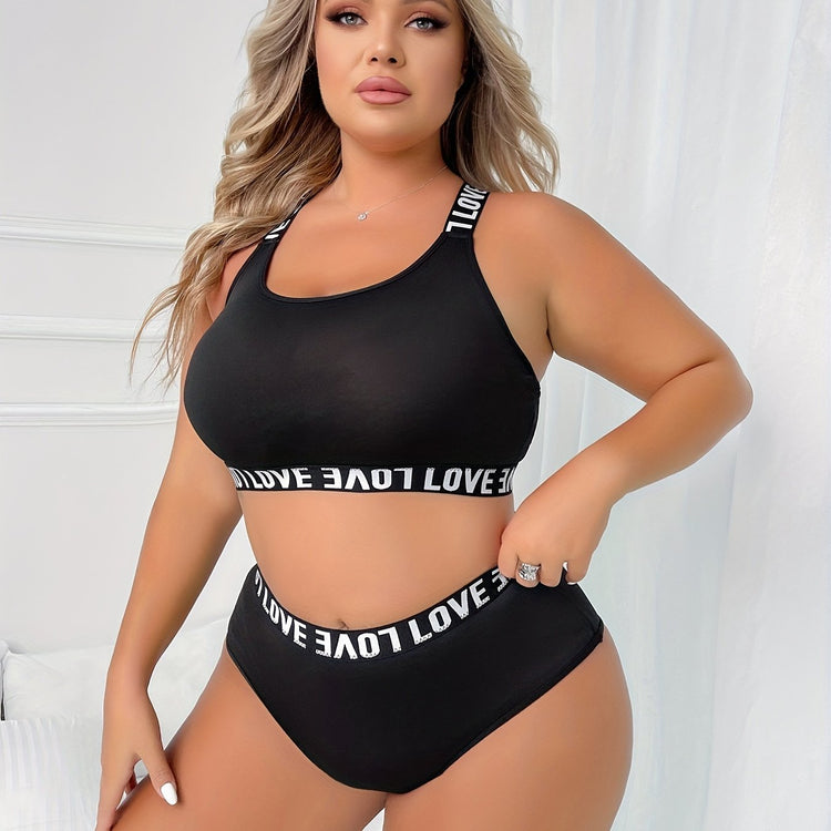 Plus Size Two-Piece Lingerie Set - Flattering Letter Tape Halter Neck, Medium Stretch Bra & Panty - Designed for Curvy Women, Comfortable & Stylish - Lena & Miles Exquisite Boutique LLC.
