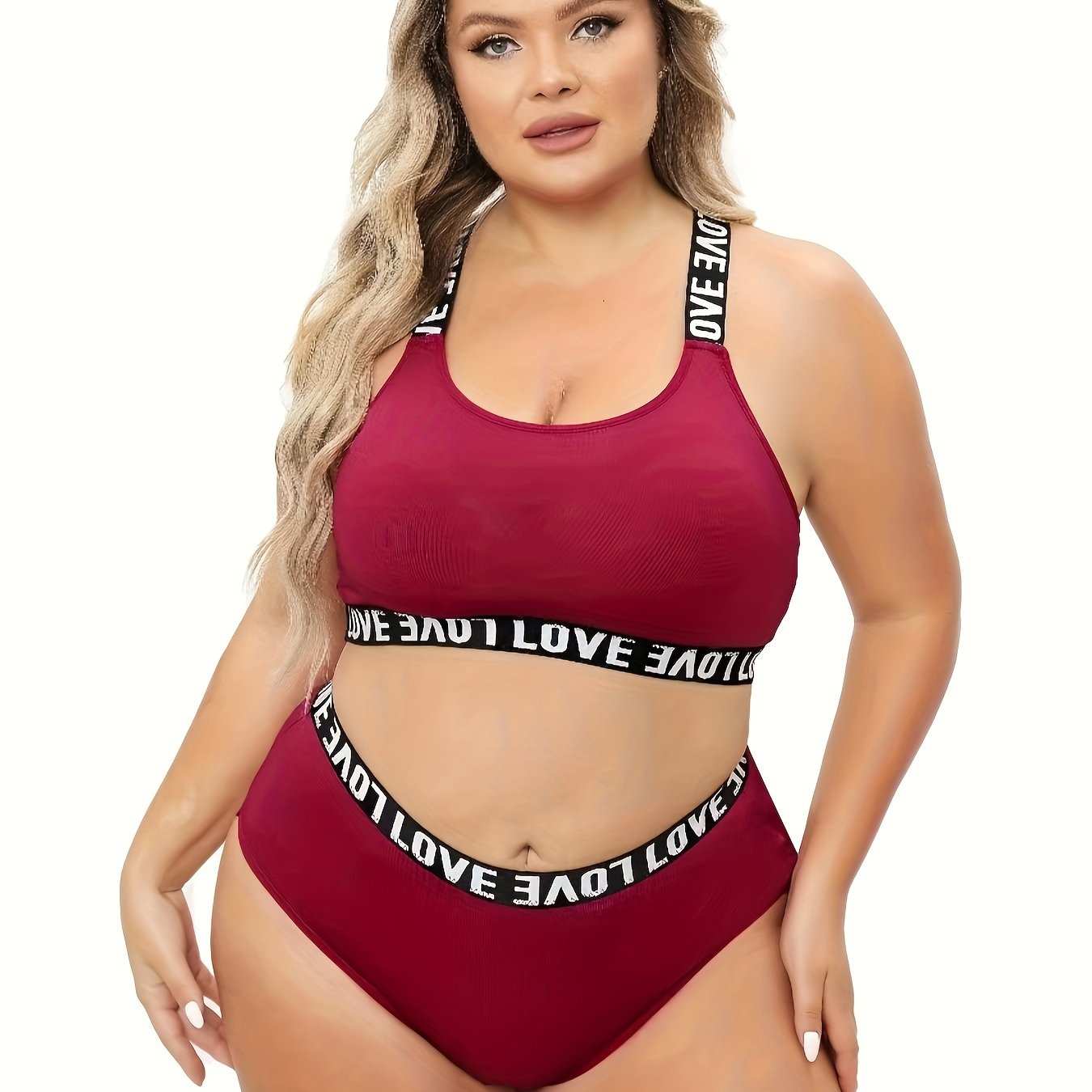 Plus Size Two-Piece Lingerie Set - Flattering Letter Tape Halter Neck, Medium Stretch Bra & Panty - Designed for Curvy Women, Comfortable & Stylish - Lena & Miles Exquisite Boutique LLC.