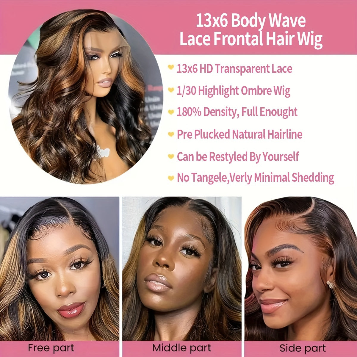 Highlight Ombre 13x6 HD Transparent Lace Frontal Wigs Human Hair Pre Plucked 180% Density 