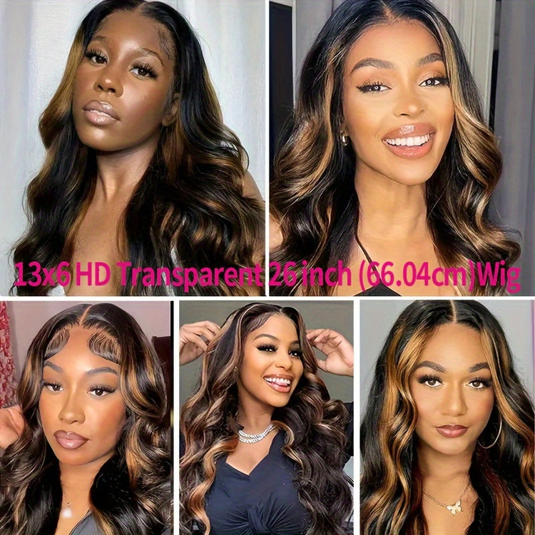 Highlight Ombre 13x6 HD Transparent Lace Frontal Wigs Human Hair Pre Plucked 180% Density 