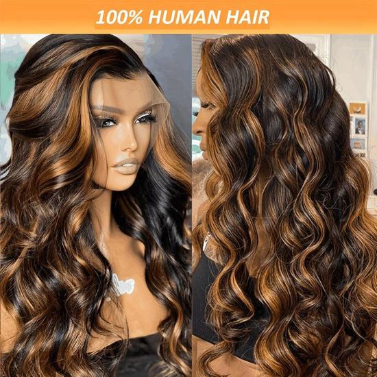 Highlight Ombre 13x6 HD Transparent Lace Frontal Wigs Human Hair Pre Plucked 180% Density 