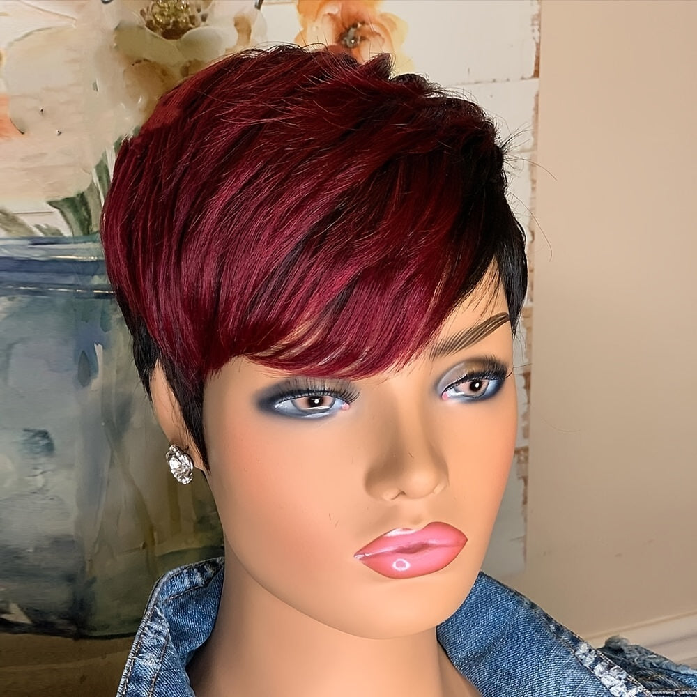 Synthetic New Products Highlight Wine Red Mixed Black Straight Bob Pixie Cut New Fashion Style Wigs For Women, Heat Resistant Fiber 6inch 150% Density - Lena & Miles Exquisite Boutique LLC.