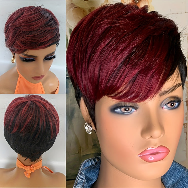 Synthetic New Products Highlight Wine Red Mixed Black Straight Bob Pixie Cut New Fashion Style Wigs For Women, Heat Resistant Fiber 6inch 150% Density - Lena & Miles Exquisite Boutique LLC.
