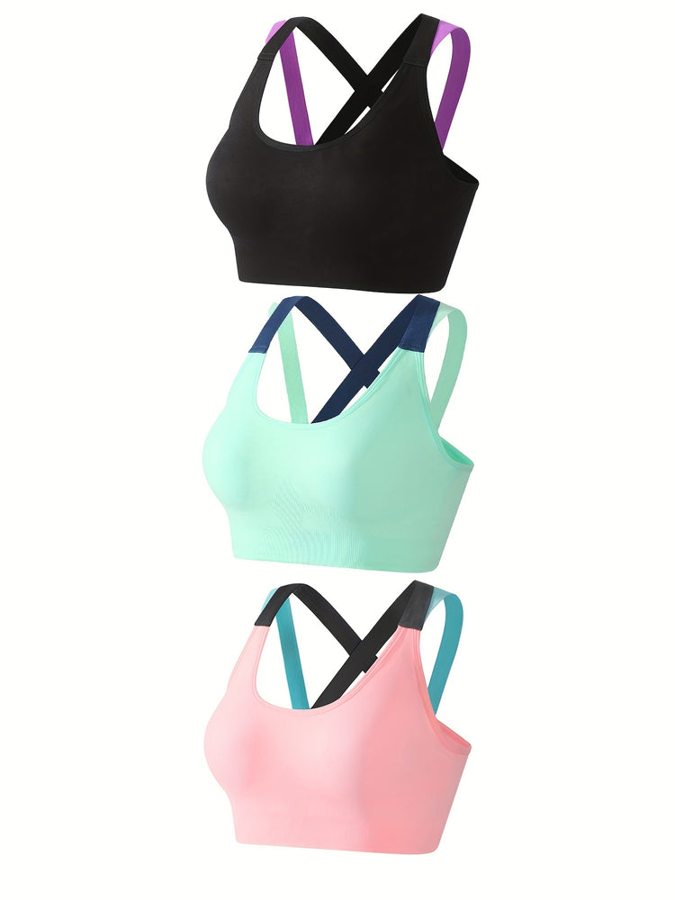 3pcs Criss Cross Back Sports Bras, Comfy & Breathable Colorblock Running Workout Bra, Women&