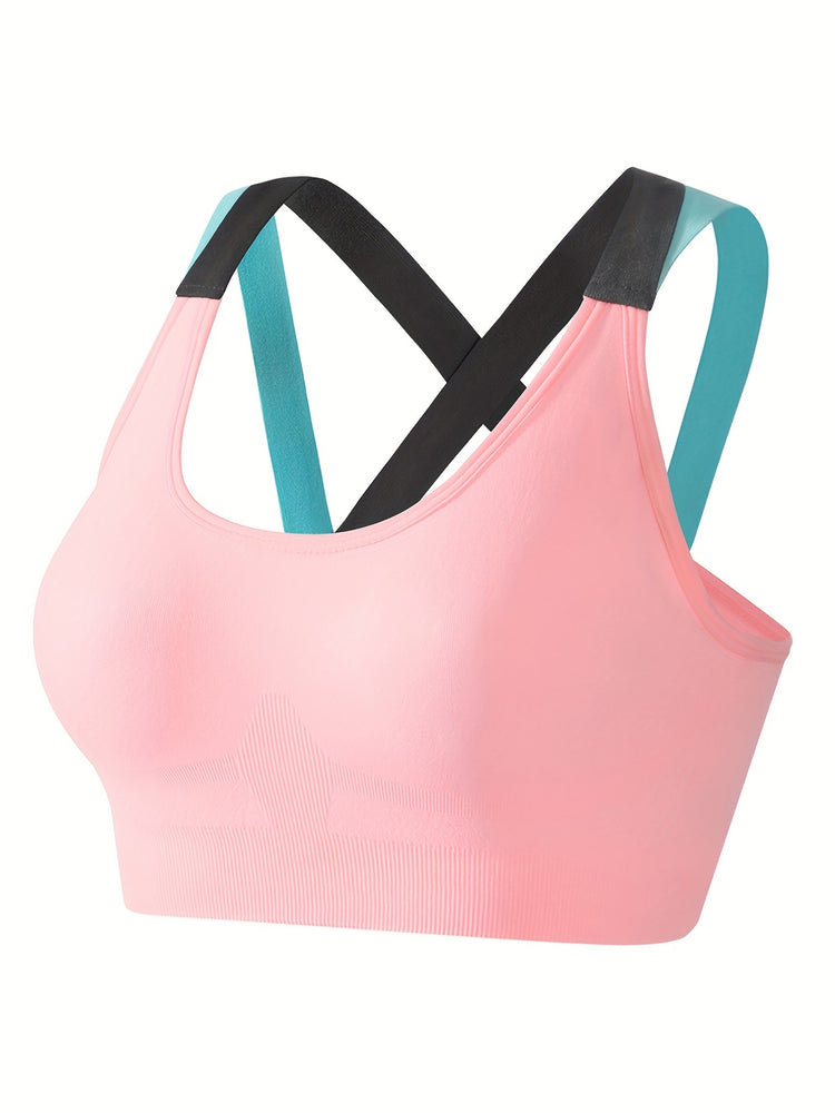 3pcs Criss Cross Back Sports Bras, Comfy & Breathable Colorblock Running Workout Bra, Women&