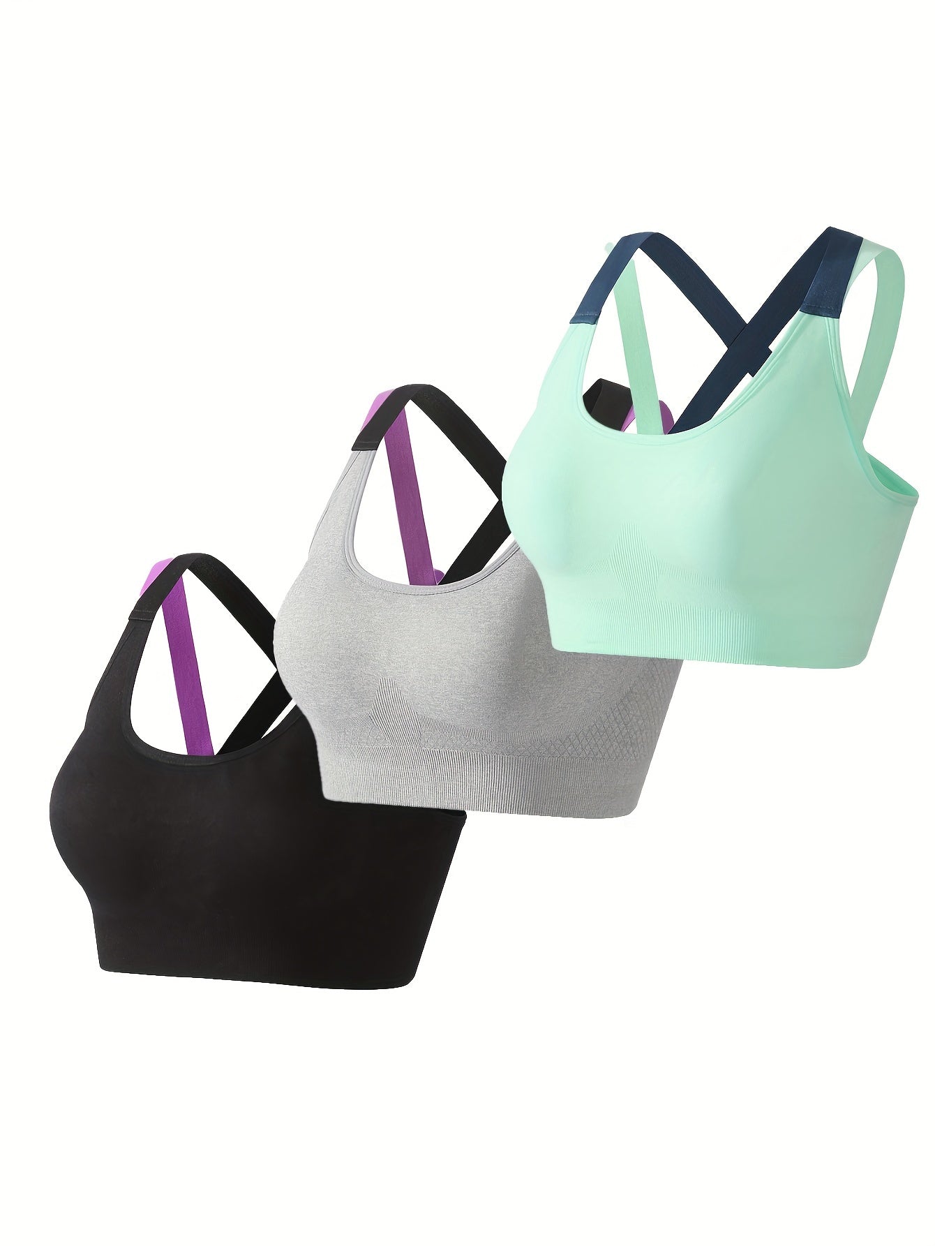 3pcs Criss Cross Back Sports Bras, Comfy & Breathable Colorblock Running Workout Bra, Women&