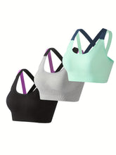 3pcs Criss Cross Back Sports Bras, Comfy & Breathable Colorblock Running Workout Bra, Women&