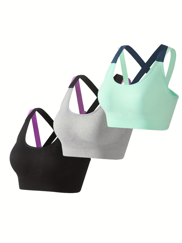 3pcs Criss Cross Back Sports Bras, Comfy & Breathable Colorblock Running Workout Bra, Women&