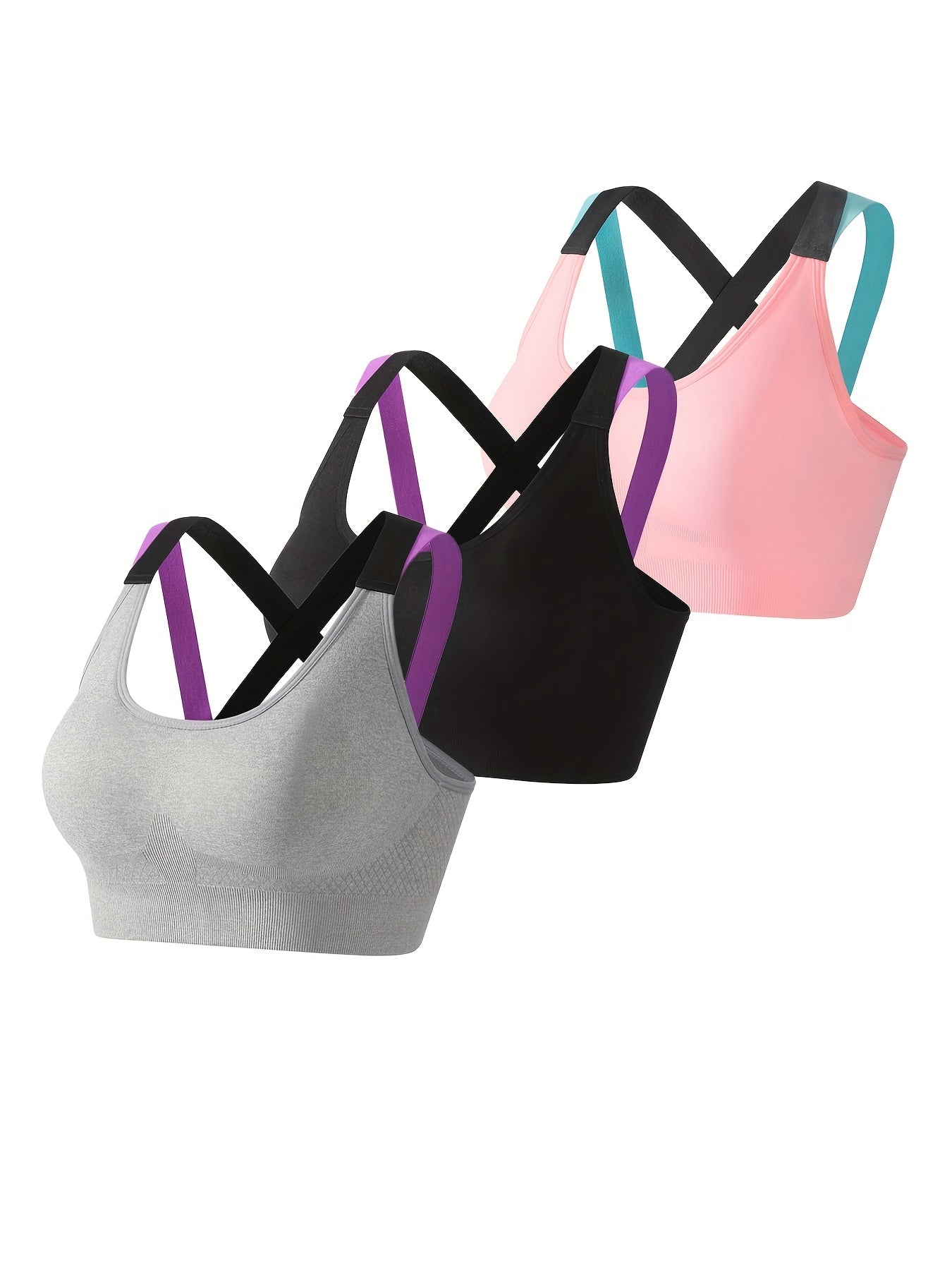 3pcs Criss Cross Back Sports Bras, Comfy & Breathable Colorblock Running Workout Bra, Women&