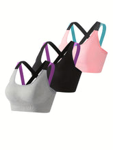 3pcs Criss Cross Back Sports Bras, Comfy & Breathable Colorblock Running Workout Bra, Women&