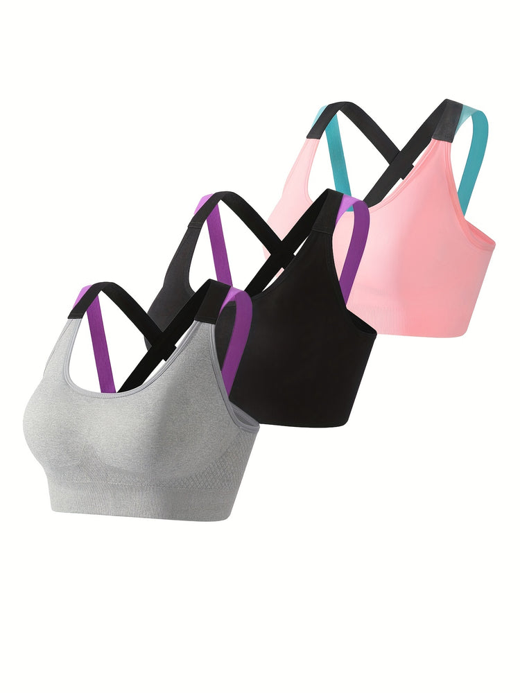 3pcs Criss Cross Back Sports Bras, Comfy & Breathable Colorblock Running Workout Bra, Women&