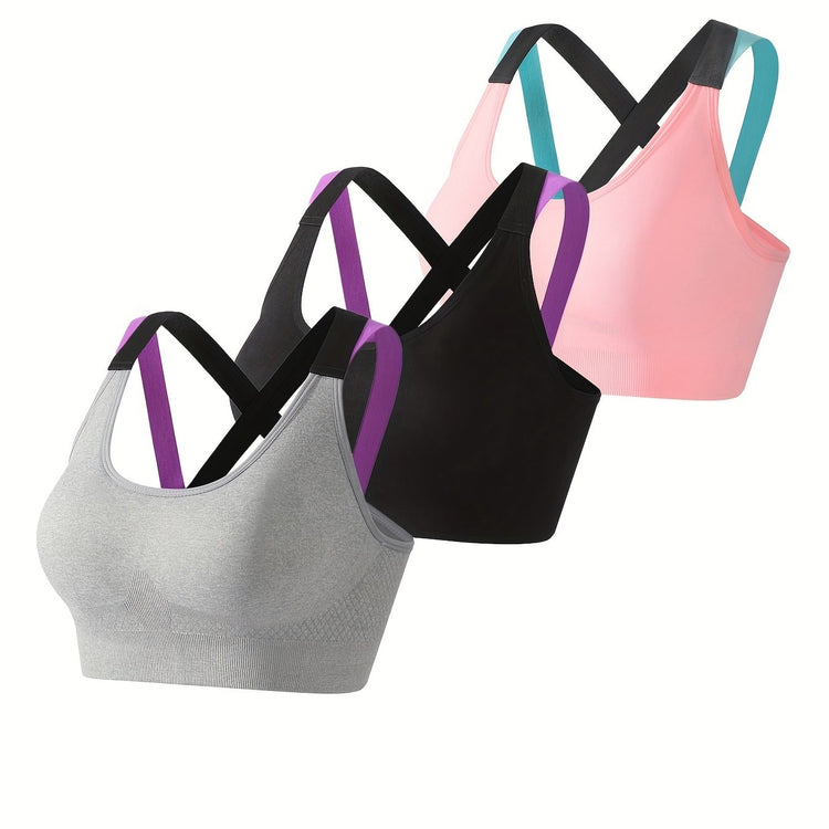 3pcs Criss Cross Back Sports Bras, Comfy & Breathable Colorblock Running Workout Bra, Women&