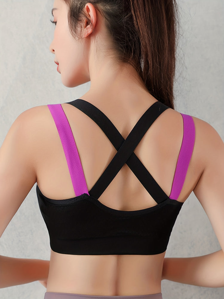 3pcs Criss Cross Back Sports Bras, Comfy & Breathable Colorblock Running Workout Bra, Women&