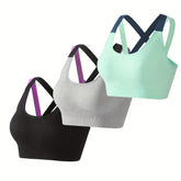 3pcs Criss Cross Back Sports Bras, Comfy & Breathable Colorblock Running Workout Bra, Women&