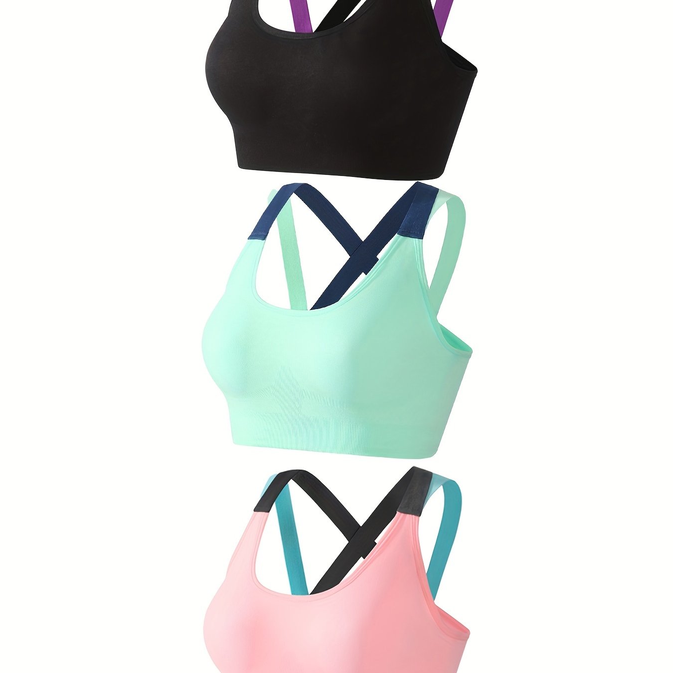 3pcs Criss Cross Back Sports Bras, Comfy & Breathable Colorblock Running Workout Bra, Women&