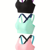 3pcs Criss Cross Back Sports Bras, Comfy & Breathable Colorblock Running Workout Bra, Women&