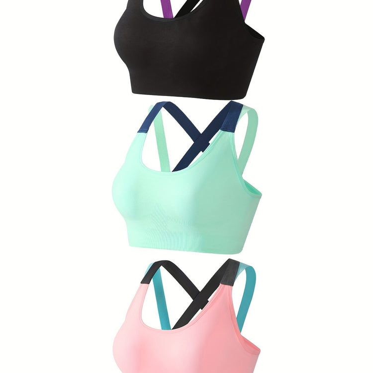 3pcs Criss Cross Back Sports Bras, Comfy & Breathable Colorblock Running Workout Bra, Women&