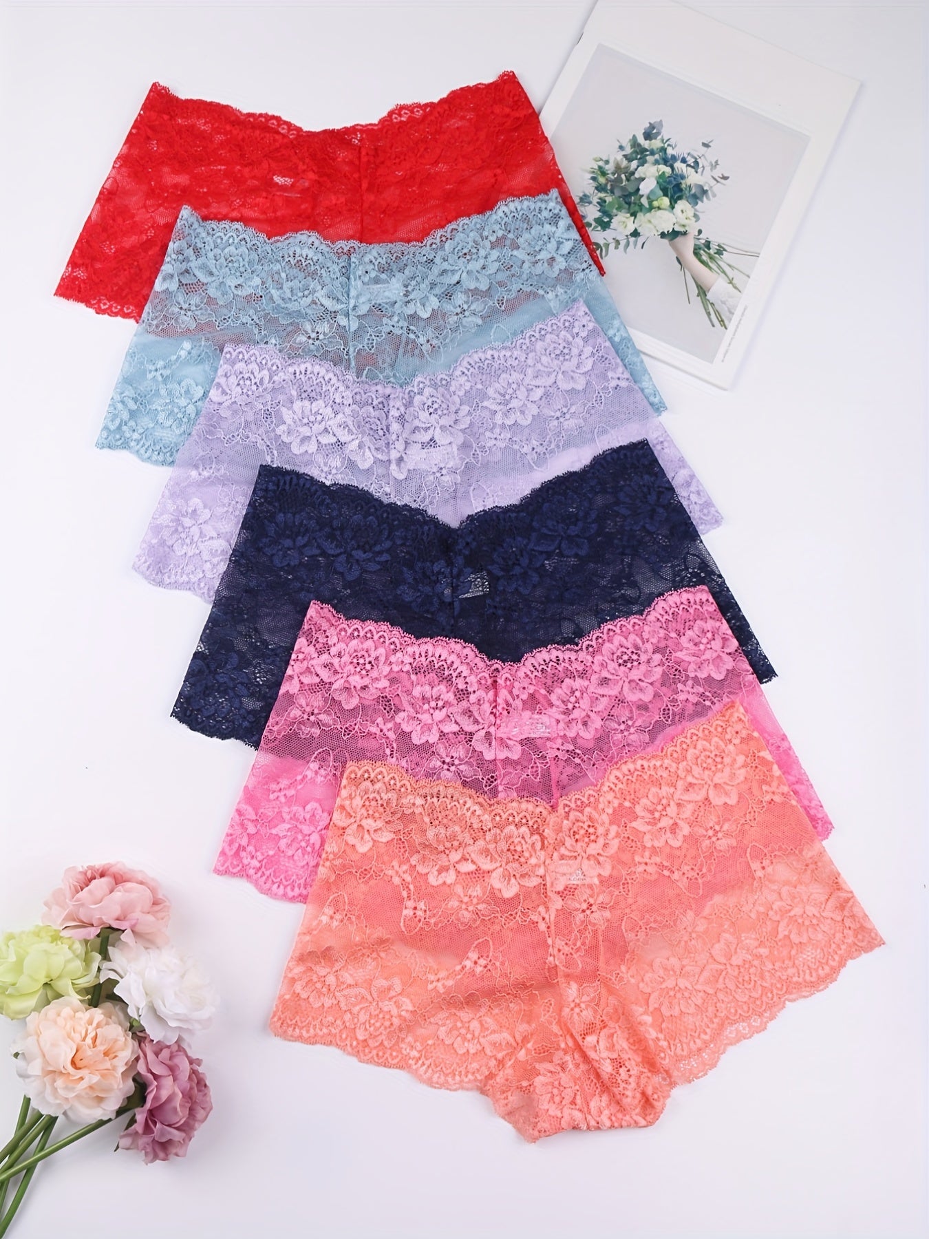6pcs Floral Lace Boyshort Panties, Soft & Comfortable Scallop Trim Panties, Women&