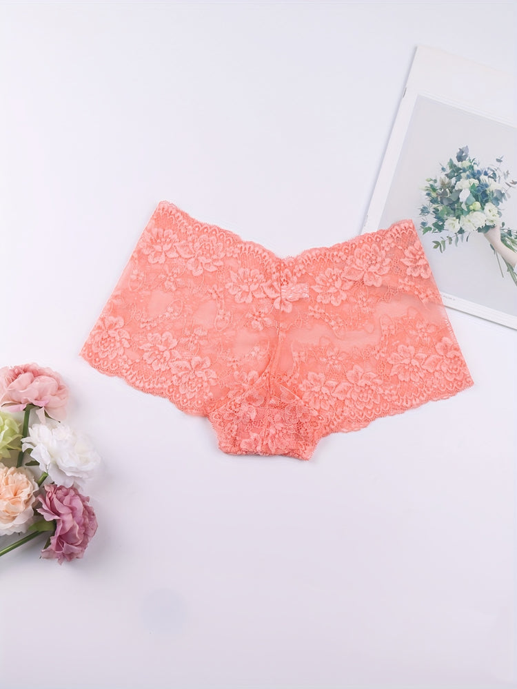 6pcs Floral Lace Boyshort Panties, Soft & Comfortable Scallop Trim Panties, Women&