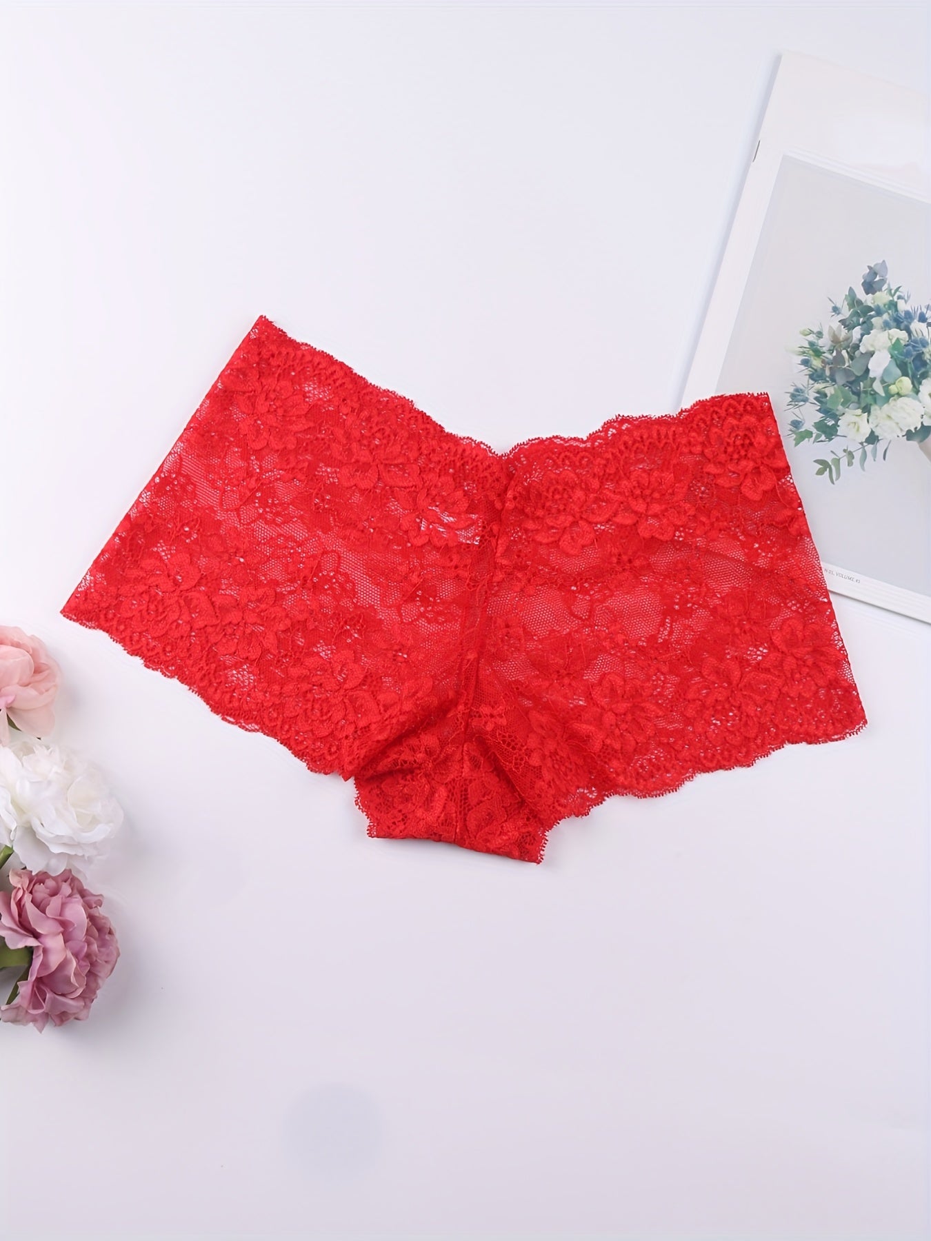 6pcs Floral Lace Boyshort Panties, Soft & Comfortable Scallop Trim Panties, Women&