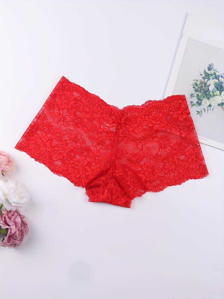 6pcs Floral Lace Boyshort Panties, Soft & Comfortable Scallop Trim Panties, Women&