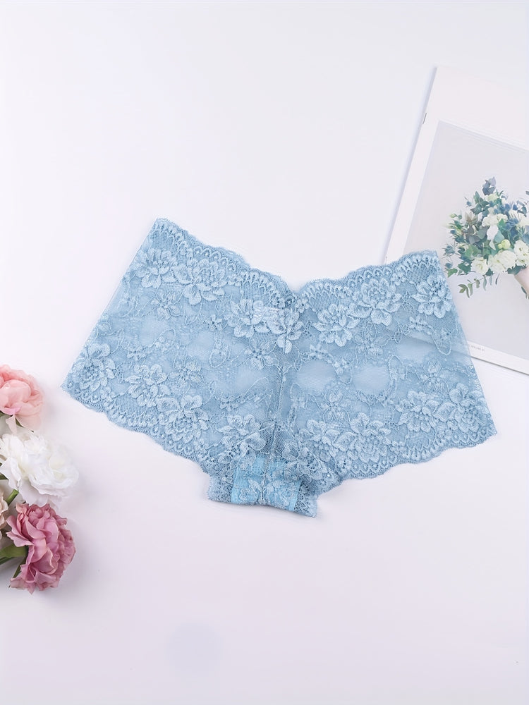 6pcs Floral Lace Boyshort Panties, Soft & Comfortable Scallop Trim Panties, Women&