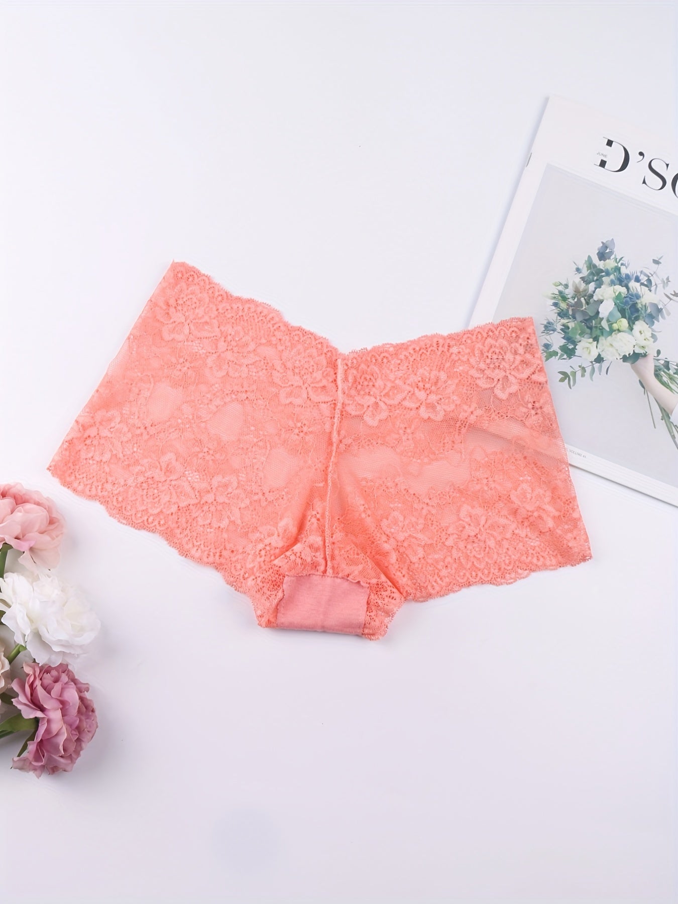 6pcs Floral Lace Boyshort Panties, Soft & Comfortable Scallop Trim Panties, Women&