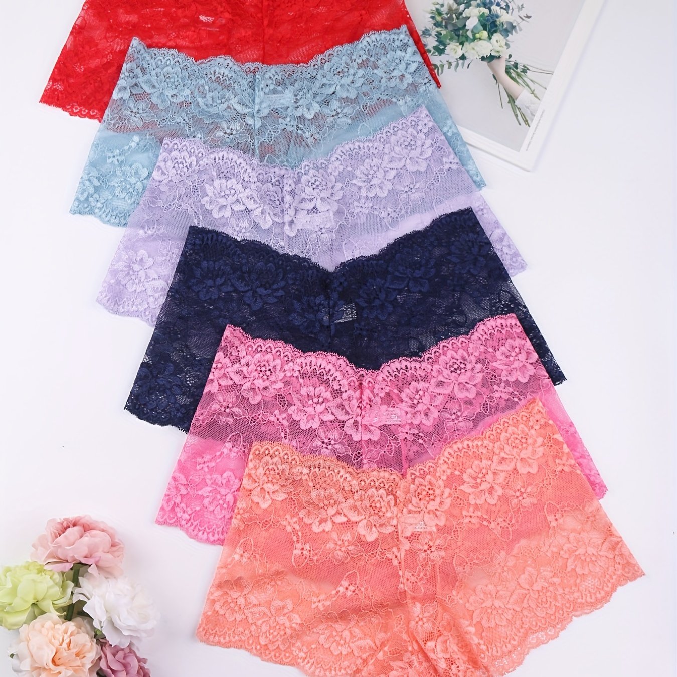 6pcs Floral Lace Boyshort Panties, Soft & Comfortable Scallop Trim Panties, Women&