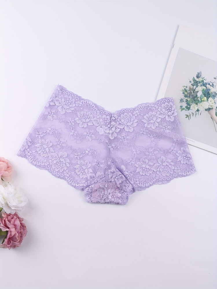 6pcs Floral Lace Boyshort Panties, Soft & Comfortable Scallop Trim Panties, Women&