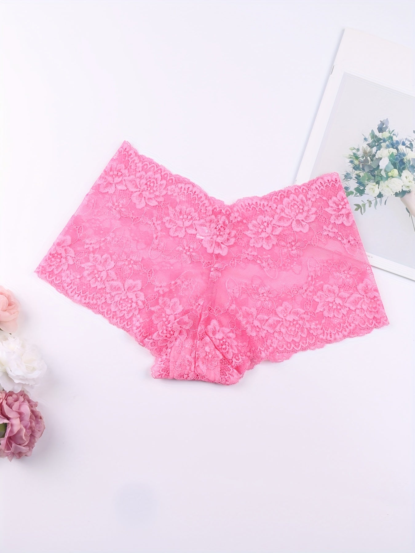 6pcs Floral Lace Boyshort Panties, Soft & Comfortable Scallop Trim Panties, Women&