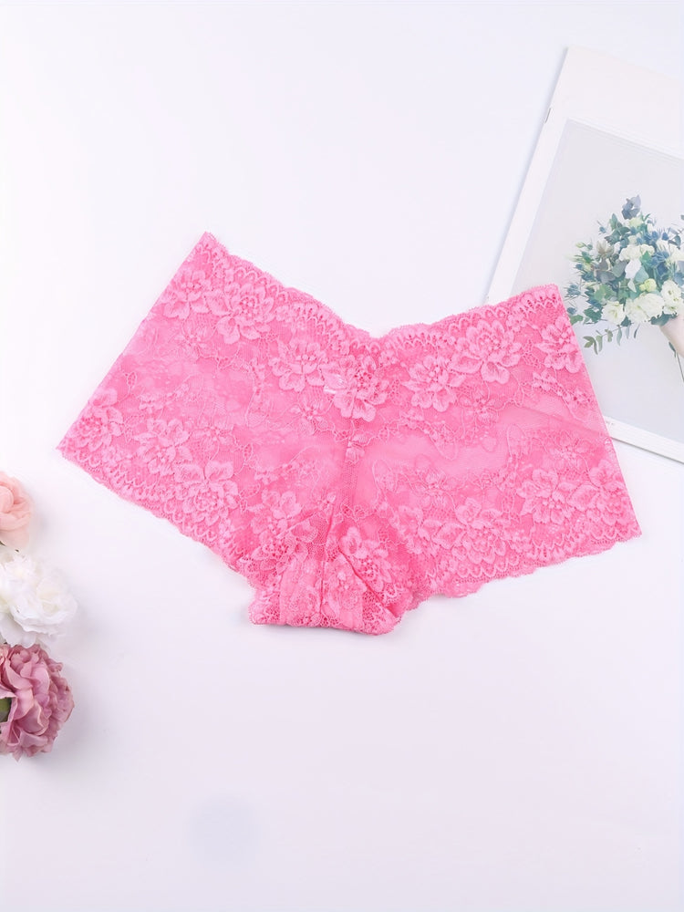 6pcs Floral Lace Boyshort Panties, Soft & Comfortable Scallop Trim Panties, Women&