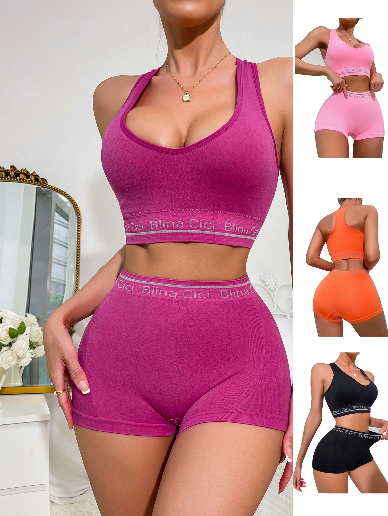 4-Pack Womens Letter Print Lingerie Set - Comfortable Push Up Sports Bra & Soft Elastic Panties, Fashionable Intimates for Active Women - Lena & Miles Exquisite Boutique LLC.