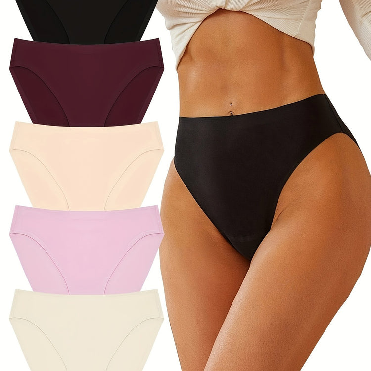 5pcs Seamless Solid Briefs, Comfy & Breathable Stretchy Intimates Panties, Women&