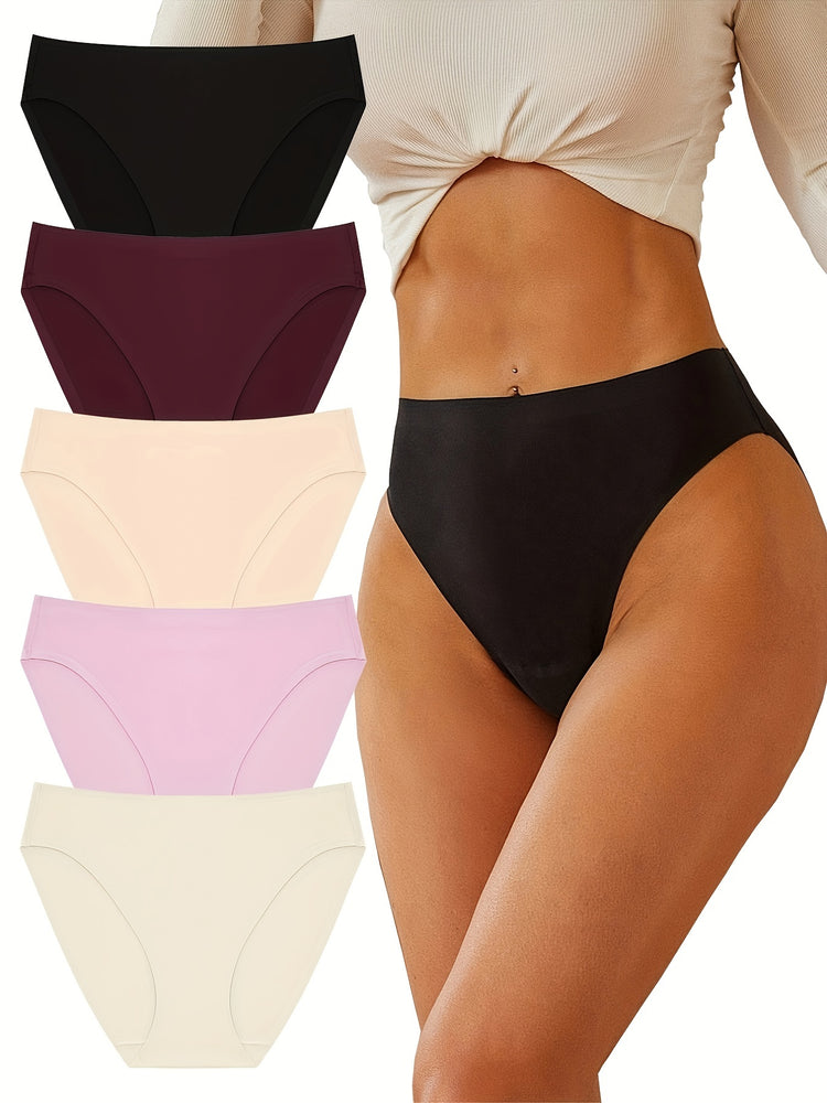 5pcs Seamless Solid Briefs, Comfy & Breathable Stretchy Intimates Panties, Women&