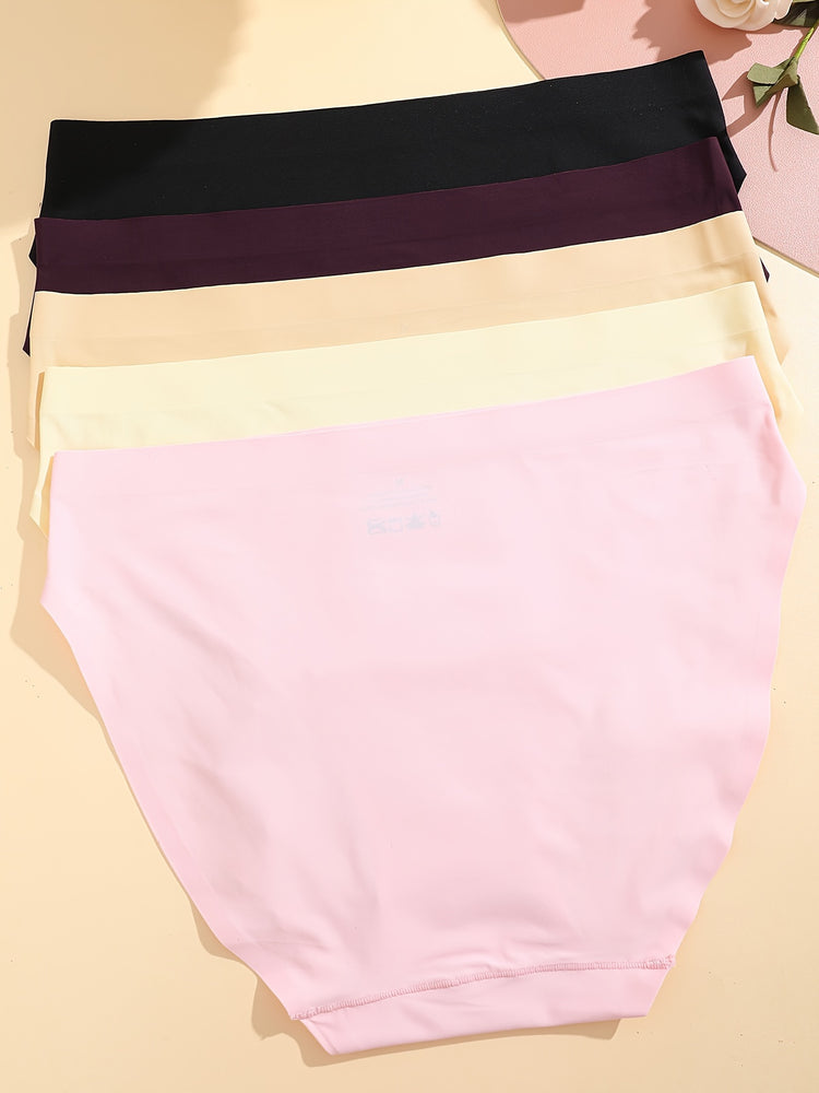 5pcs Seamless Solid Briefs, Comfy & Breathable Stretchy Intimates Panties, Women&
