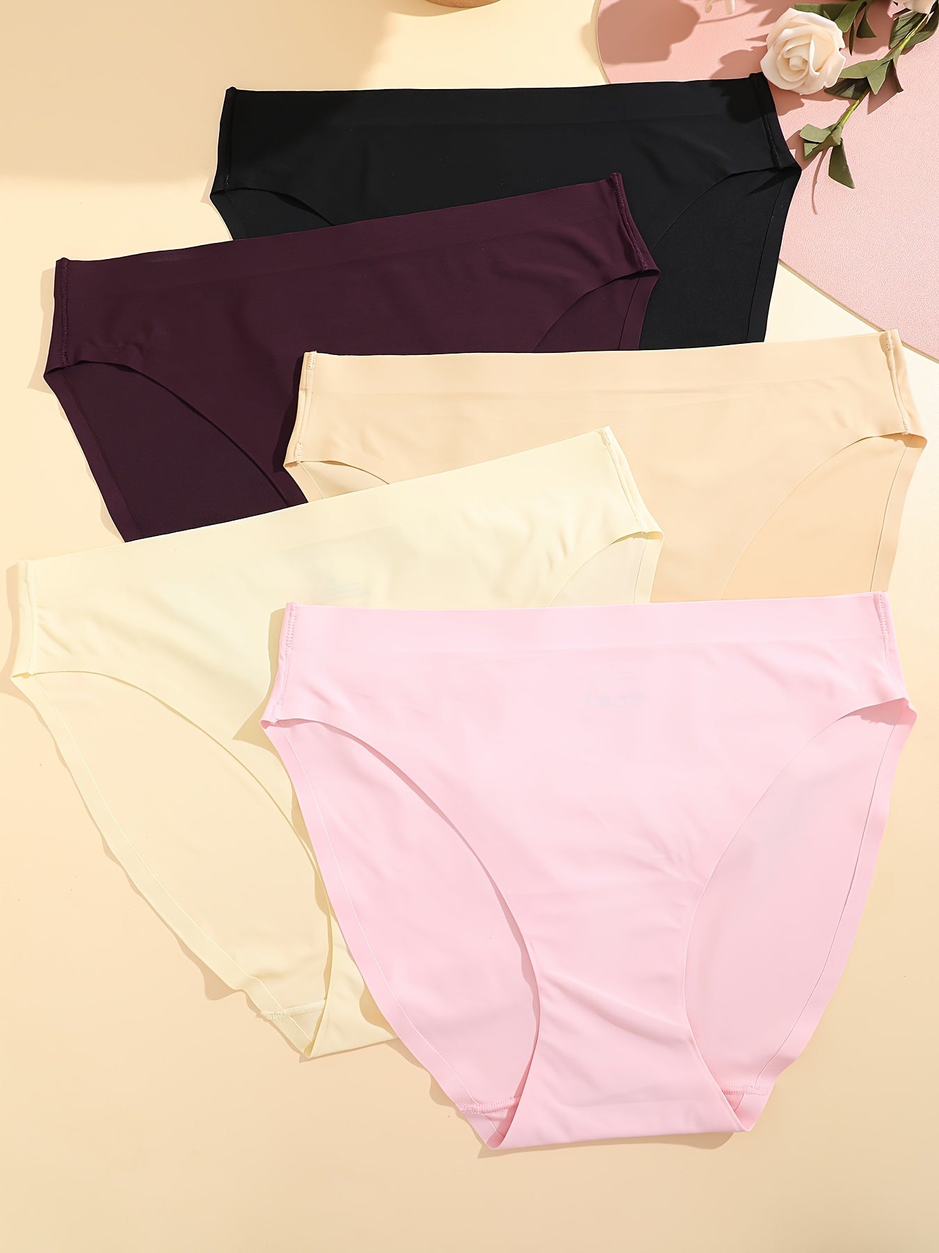 5pcs Seamless Solid Briefs, Comfy & Breathable Stretchy Intimates Panties, Women&