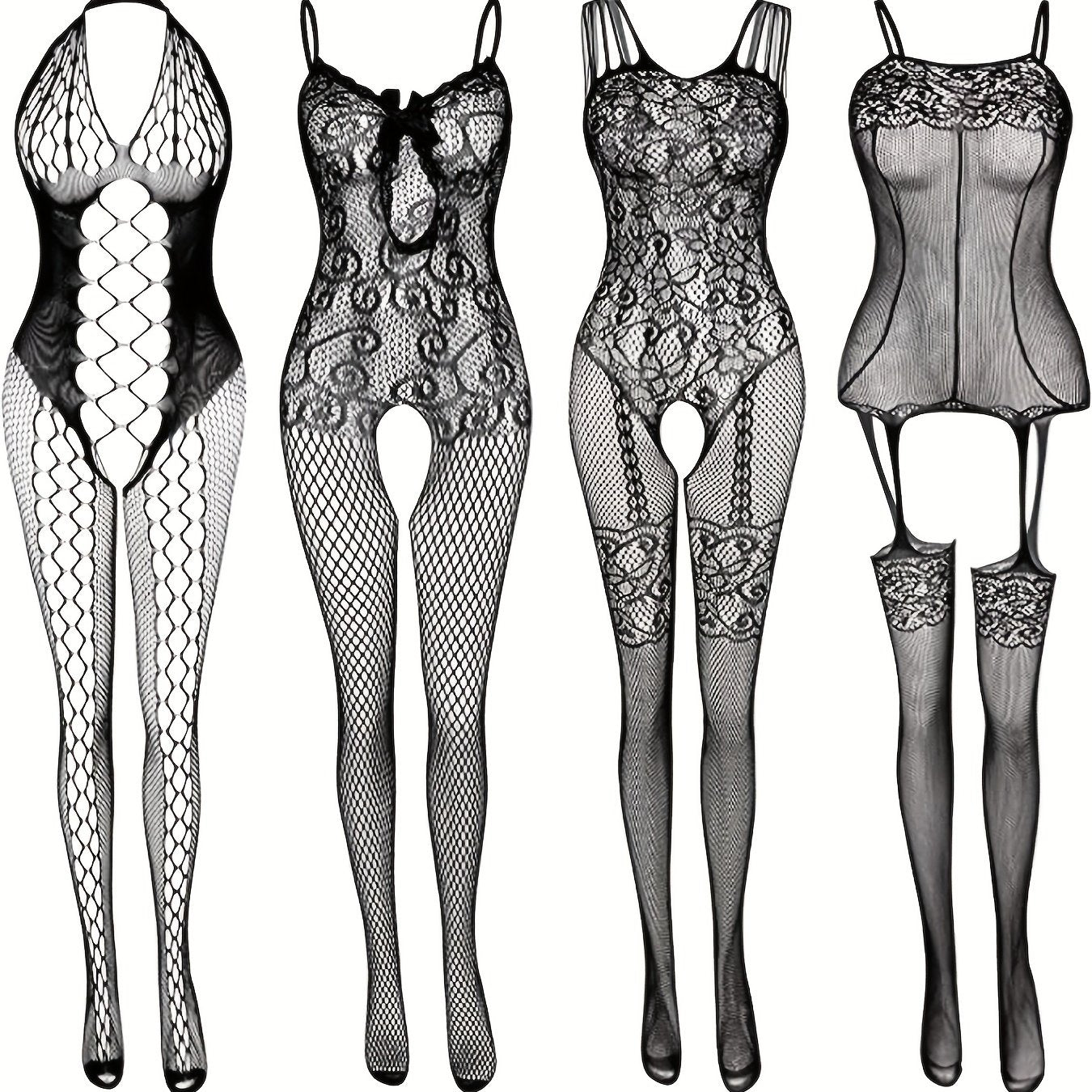 4-Pack Seductive Fishnet Bodystocking with Intricate Jacquard & Alluring Open Crotch - Womens Intimate Lingerie Set - Lena & Miles Exquisite Boutique LLC.