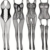 4-Pack Seductive Fishnet Bodystocking with Intricate Jacquard & Alluring Open Crotch - Womens Intimate Lingerie Set - Lena & Miles Exquisite Boutique LLC.